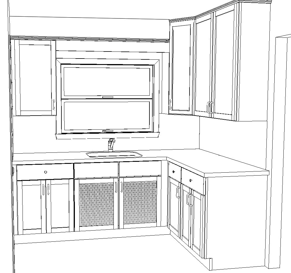 Kitchen stove and cabinet sketch.