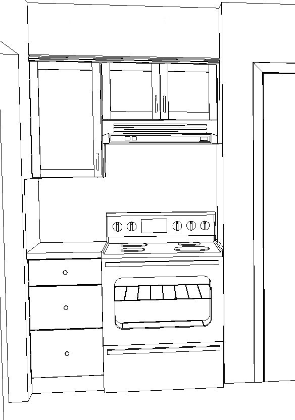 Kitchen stove and cabinet sketch.
