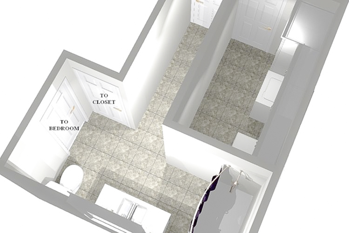 A 3D model of a bathroom and laundry room.