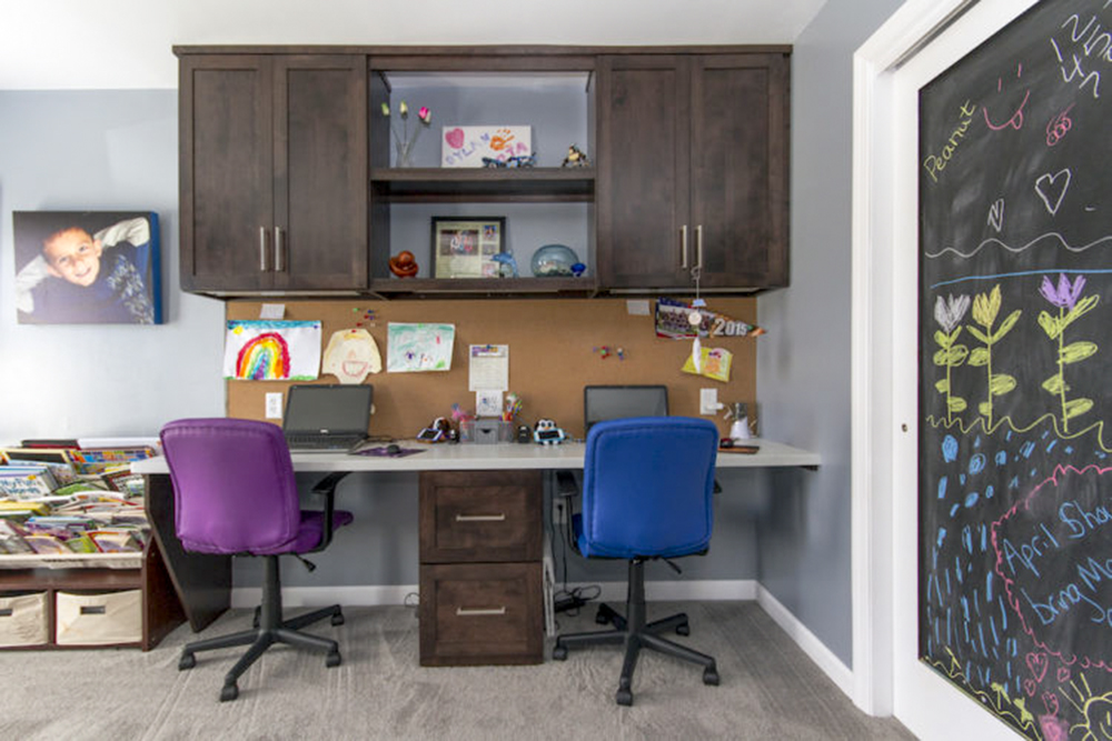 Desks set up for kids' homework.