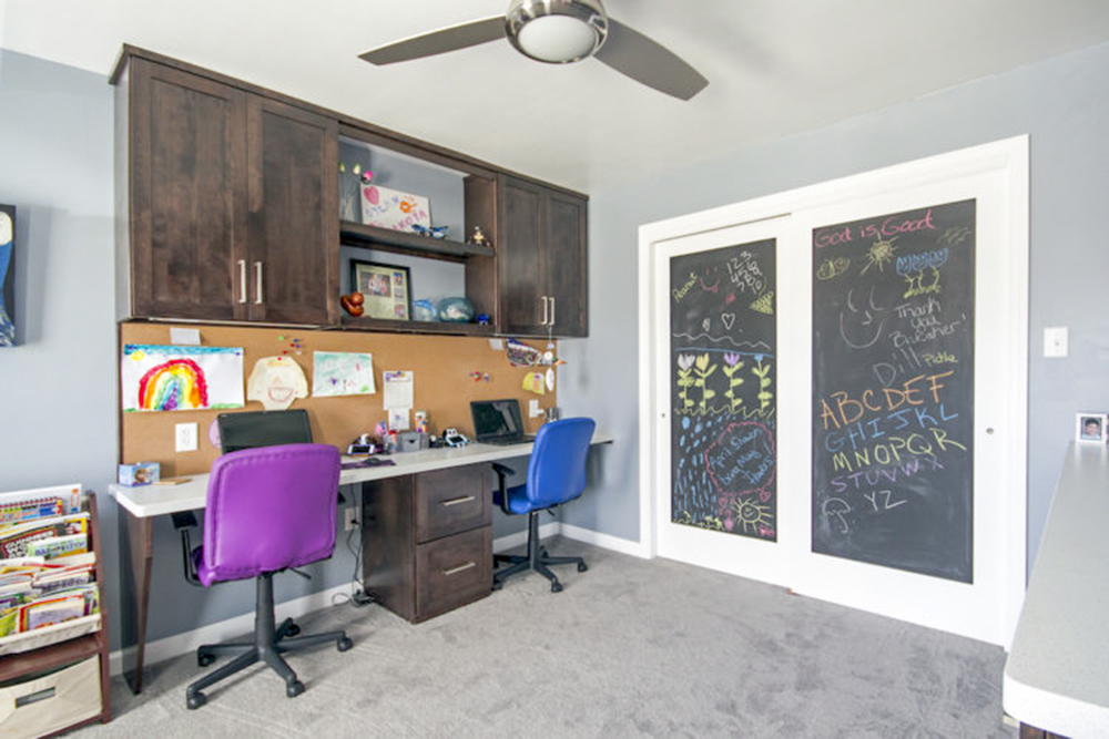 Desks set up for kids' homework.