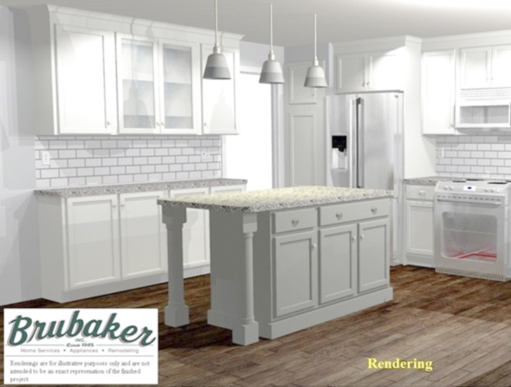 A 3D render of a kitchen with an island. 