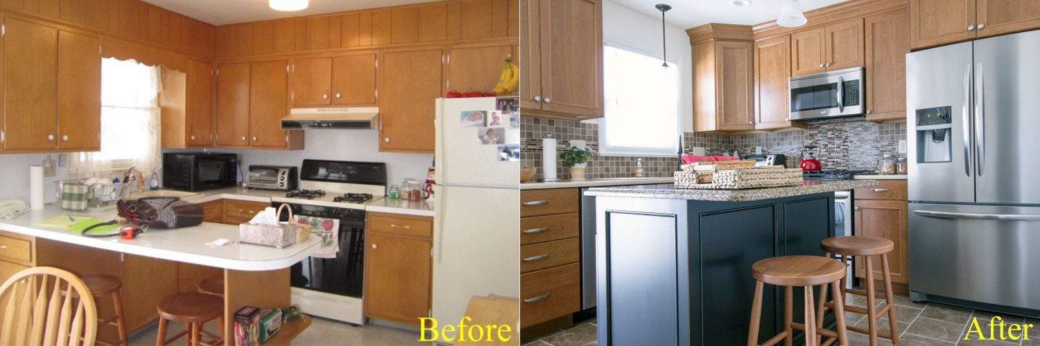 A side by side comparison of a kitchen before and after being remodeled. 