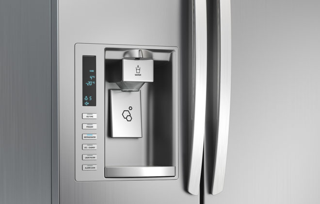 Refrigerator door with a water and ice dispenser.