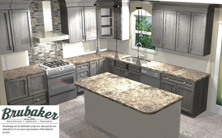 A 3D rendering of a kitchen.