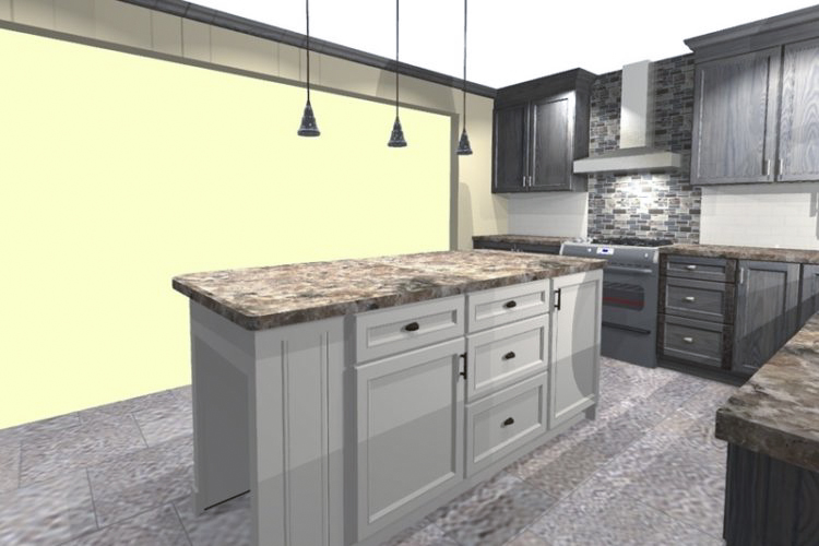 A 3D rendering of a kitchen.