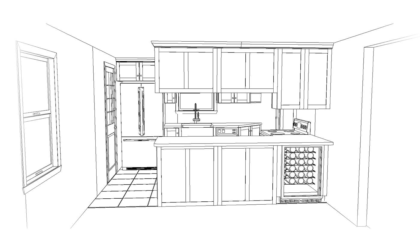 A 3D drawing of a kitchen.