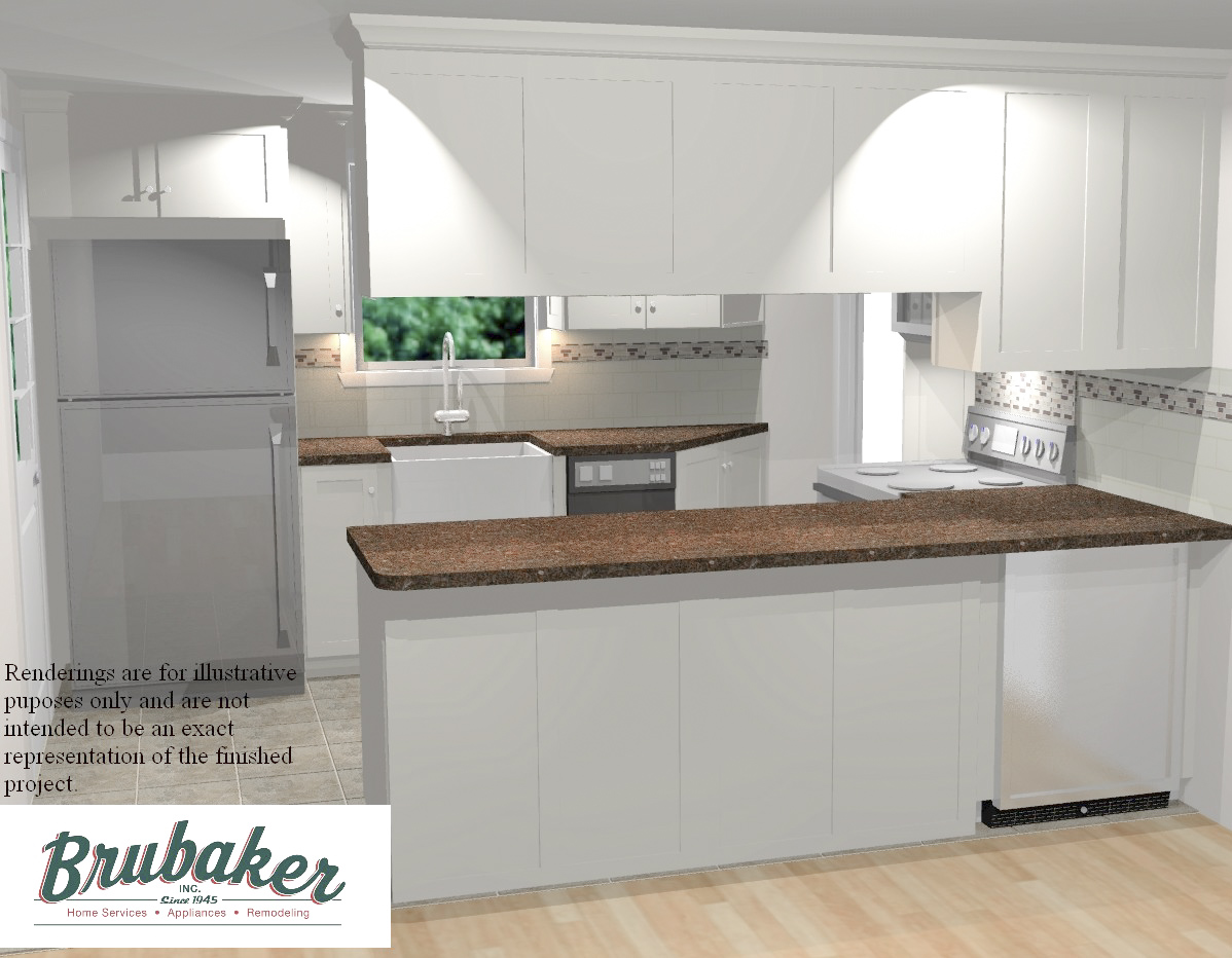 A 3D render of a kitchen.