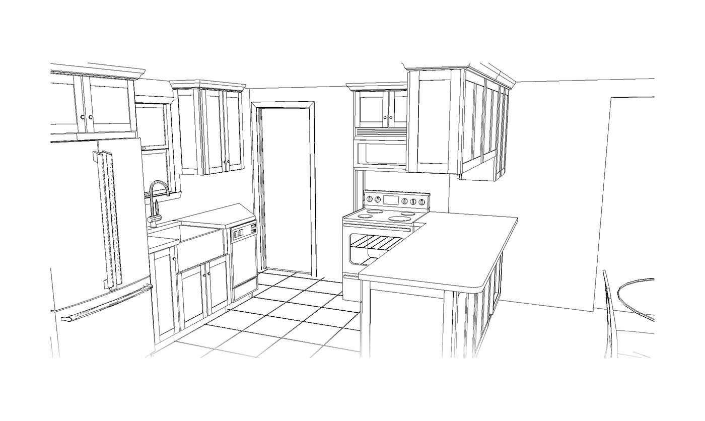 A 3D drawing of a kitchen.