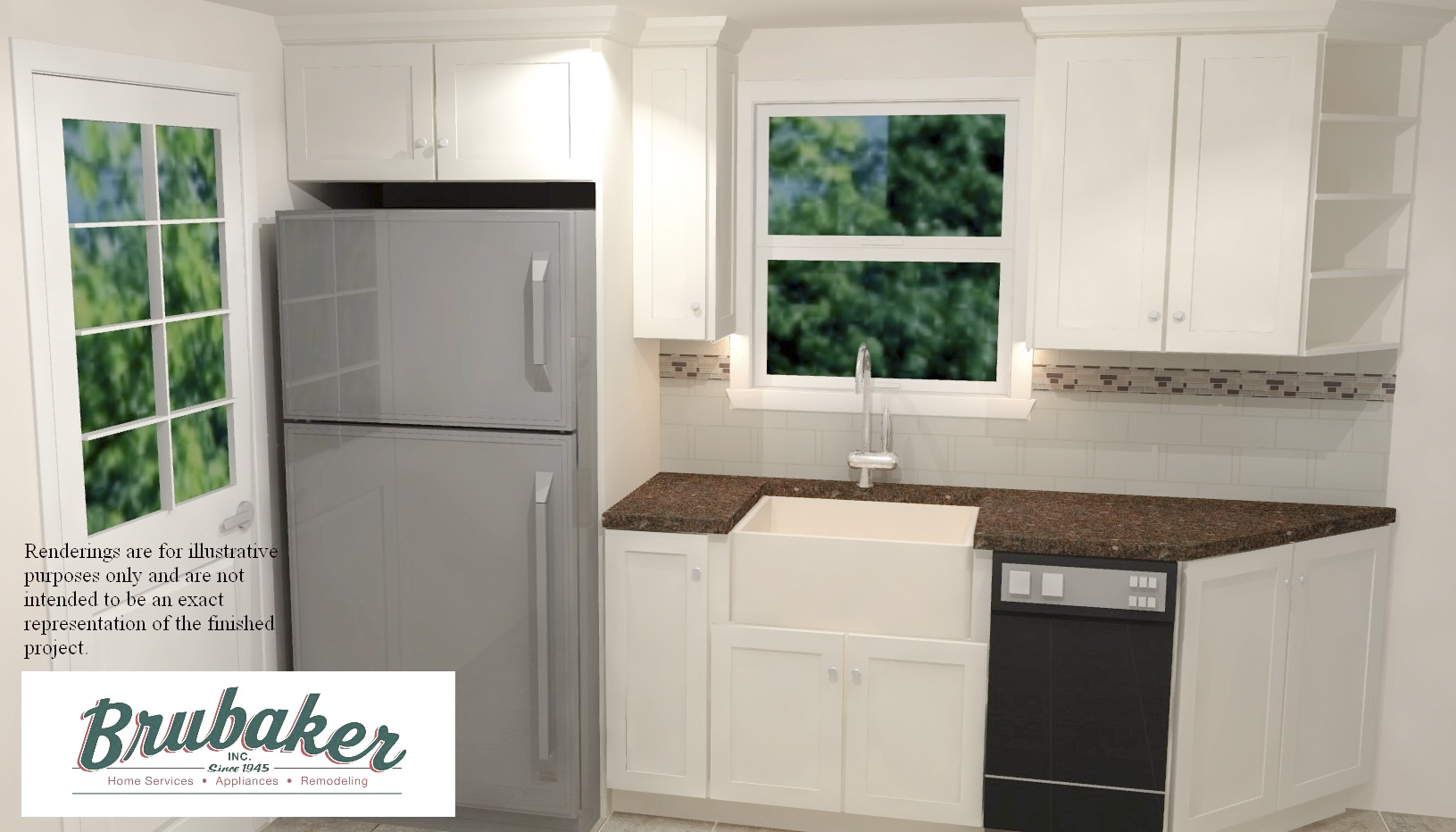 A 3D render of a kitchen.