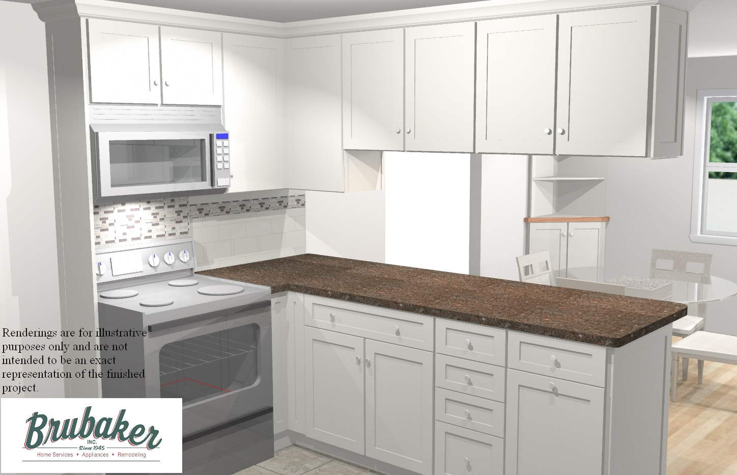 A 3D render of a kitchen.