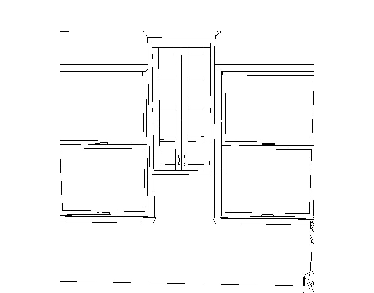 A drawing of a cabinet and two windows.