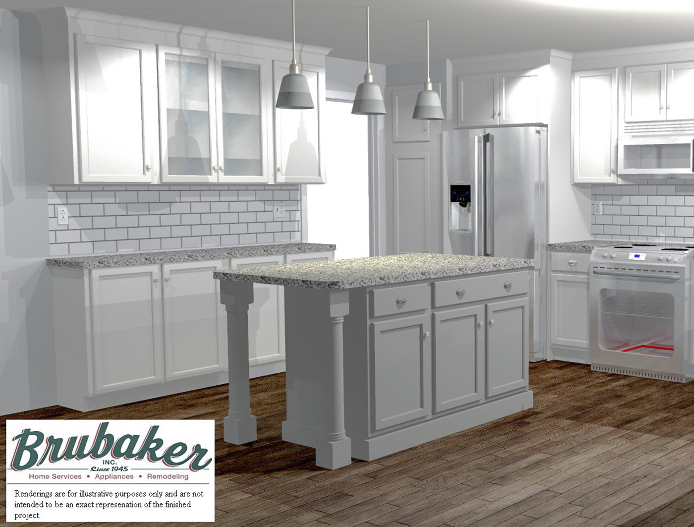 A 3D rendering of a kitchen.