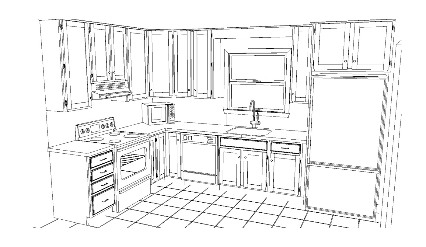 A 3D drawing of a kitchen.