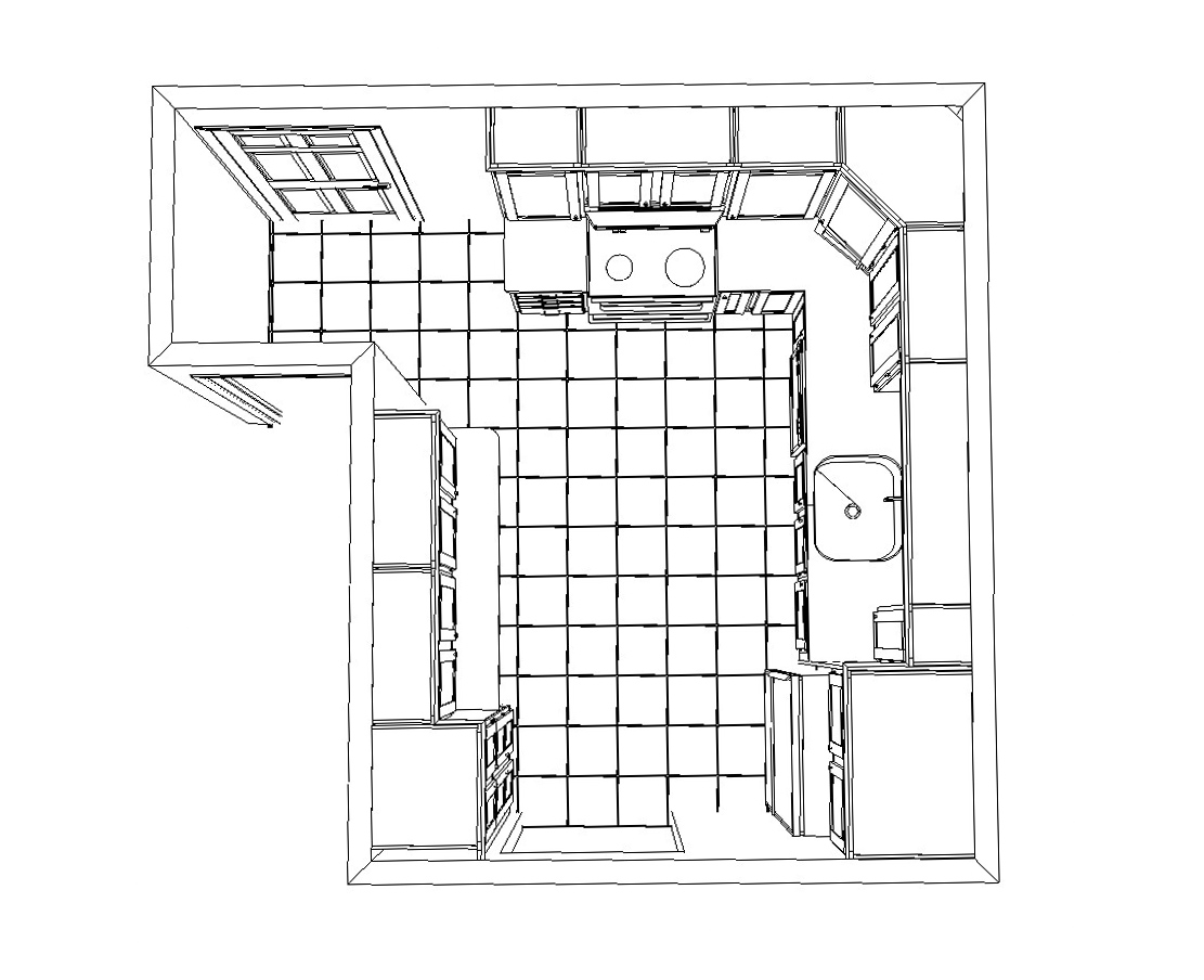 An overhead render of a kitchen layout.