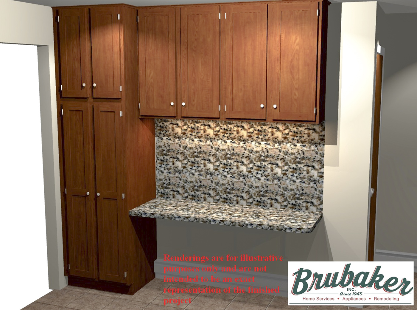 A 3D render of a counter and cabinets.