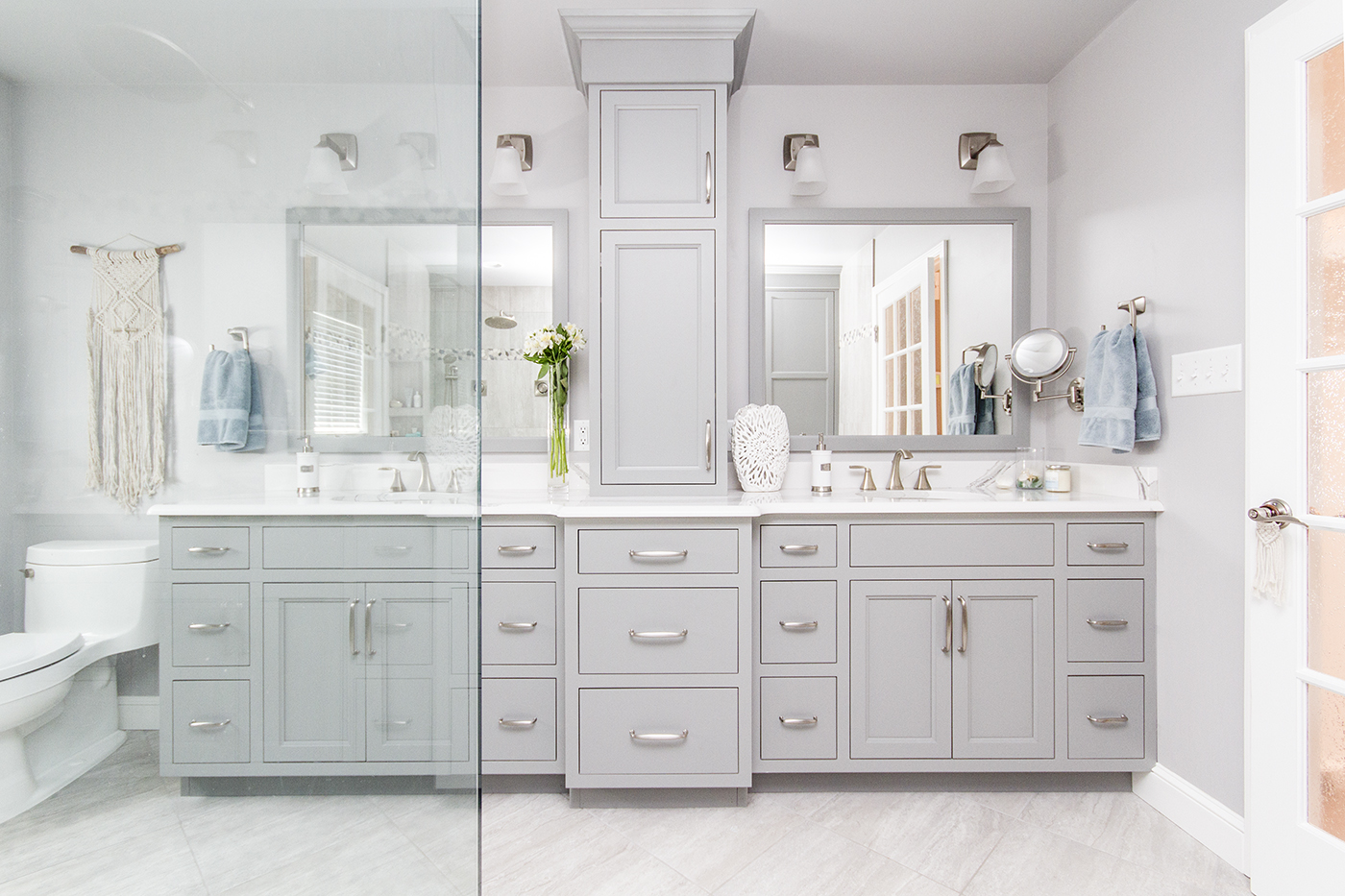 A two sink bathroom counter.