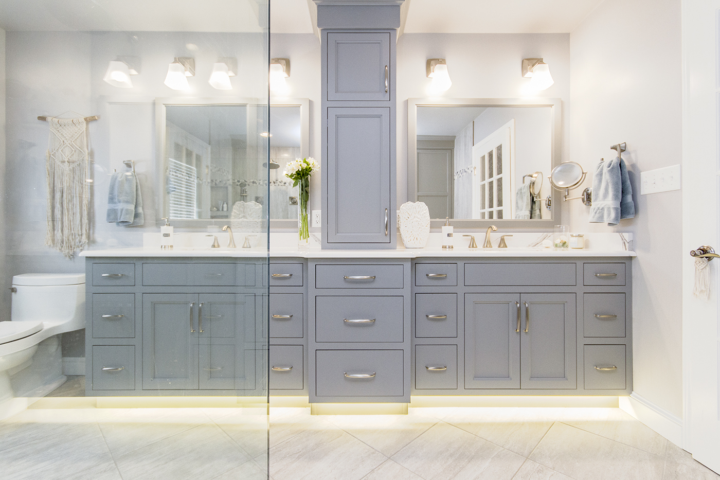 A two sink bathroom counter.