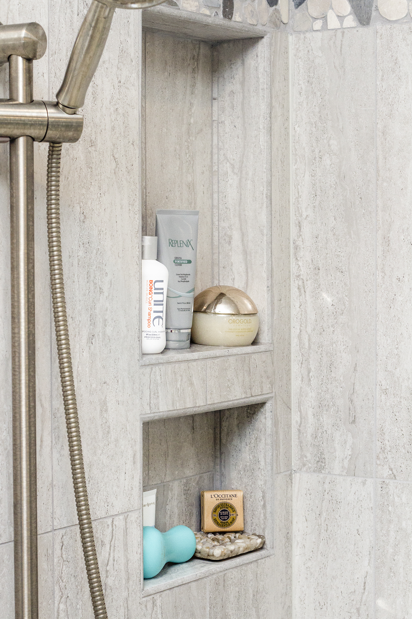 discrete shelves in a shower.