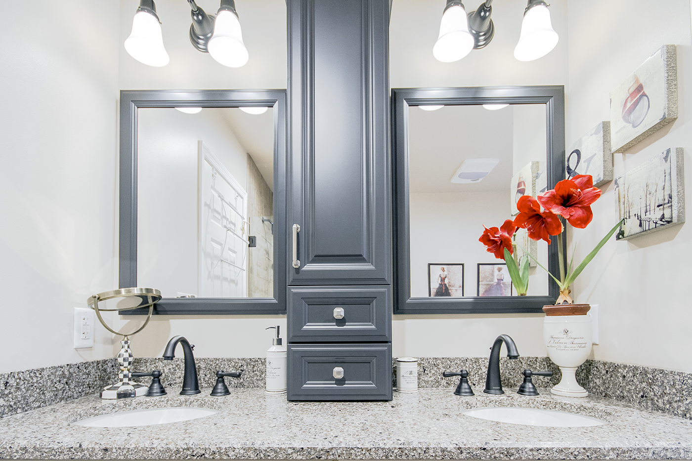 A dual sink bathroom counter.