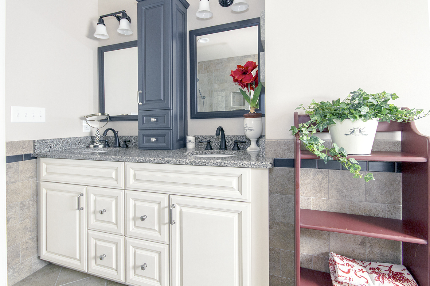 A dual sink bathroom counter.