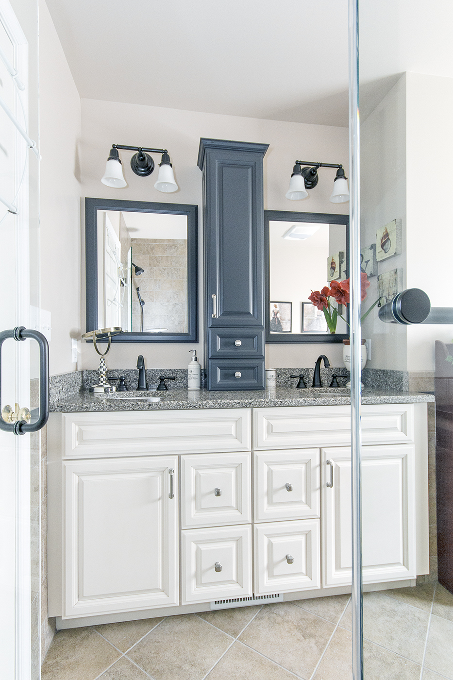 A dual sink bathroom counter.