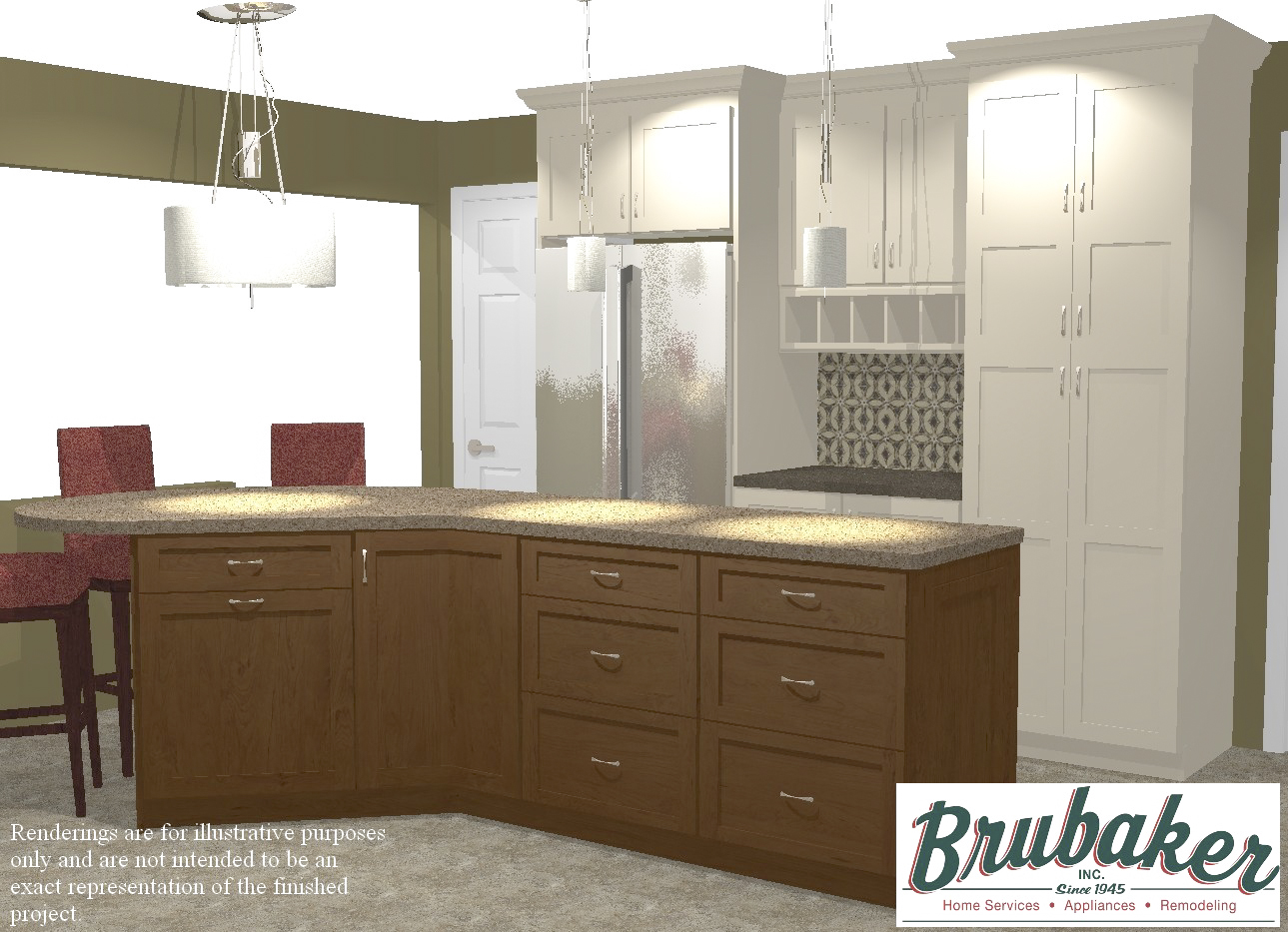 A 3D render of a kitchen.