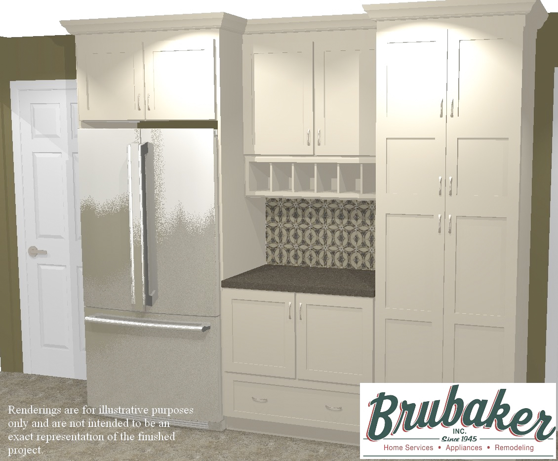 A 3D render of a kitchen.