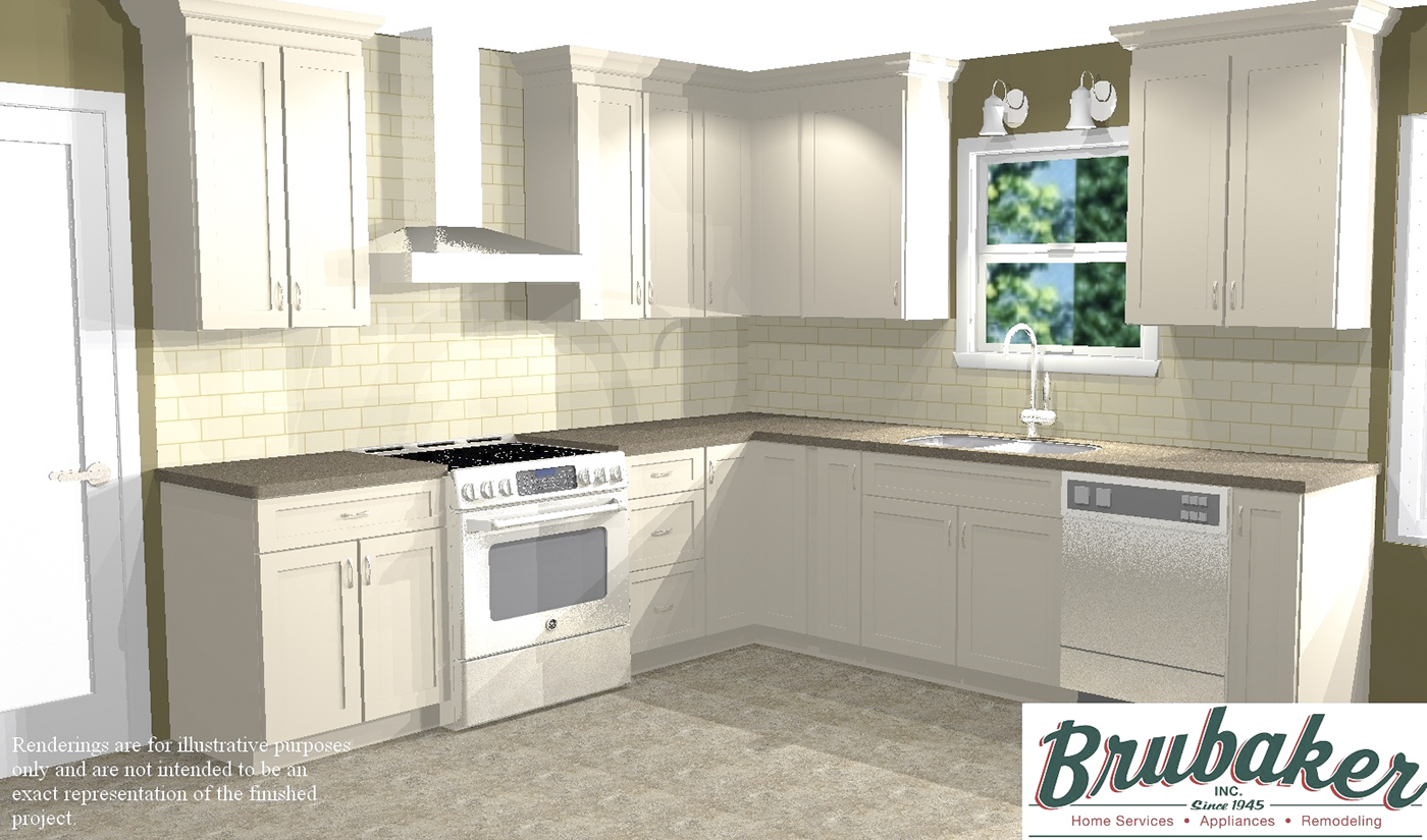 A 3D render of a kitchen.