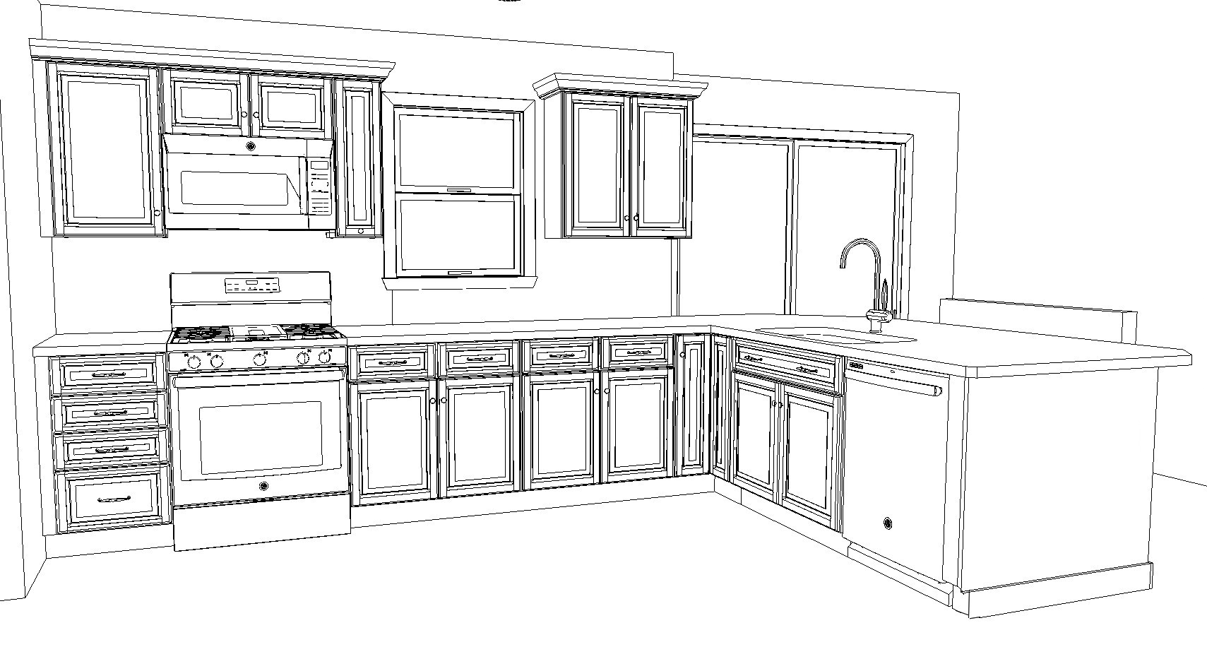 A 3D sketch of a kitchen.