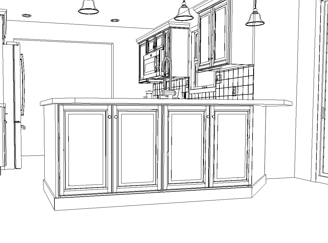 A 3D sketch of a kitchen.