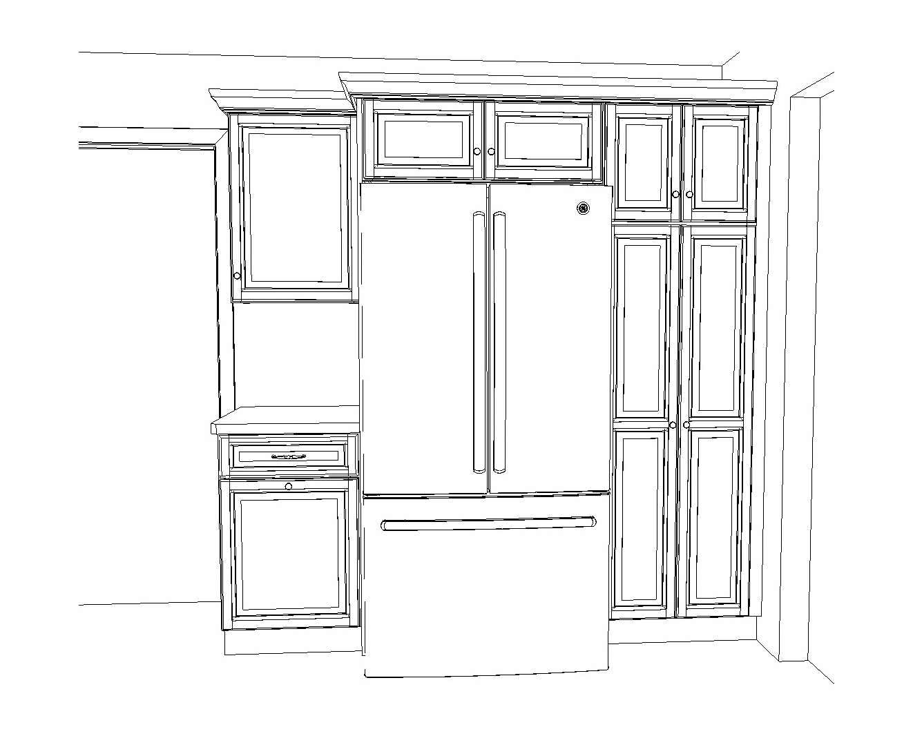 A 3D sketch of a kitchen.