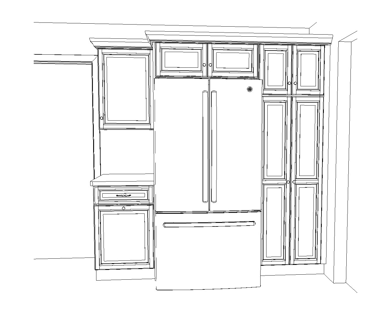 A 3D sketch of a kitchen.