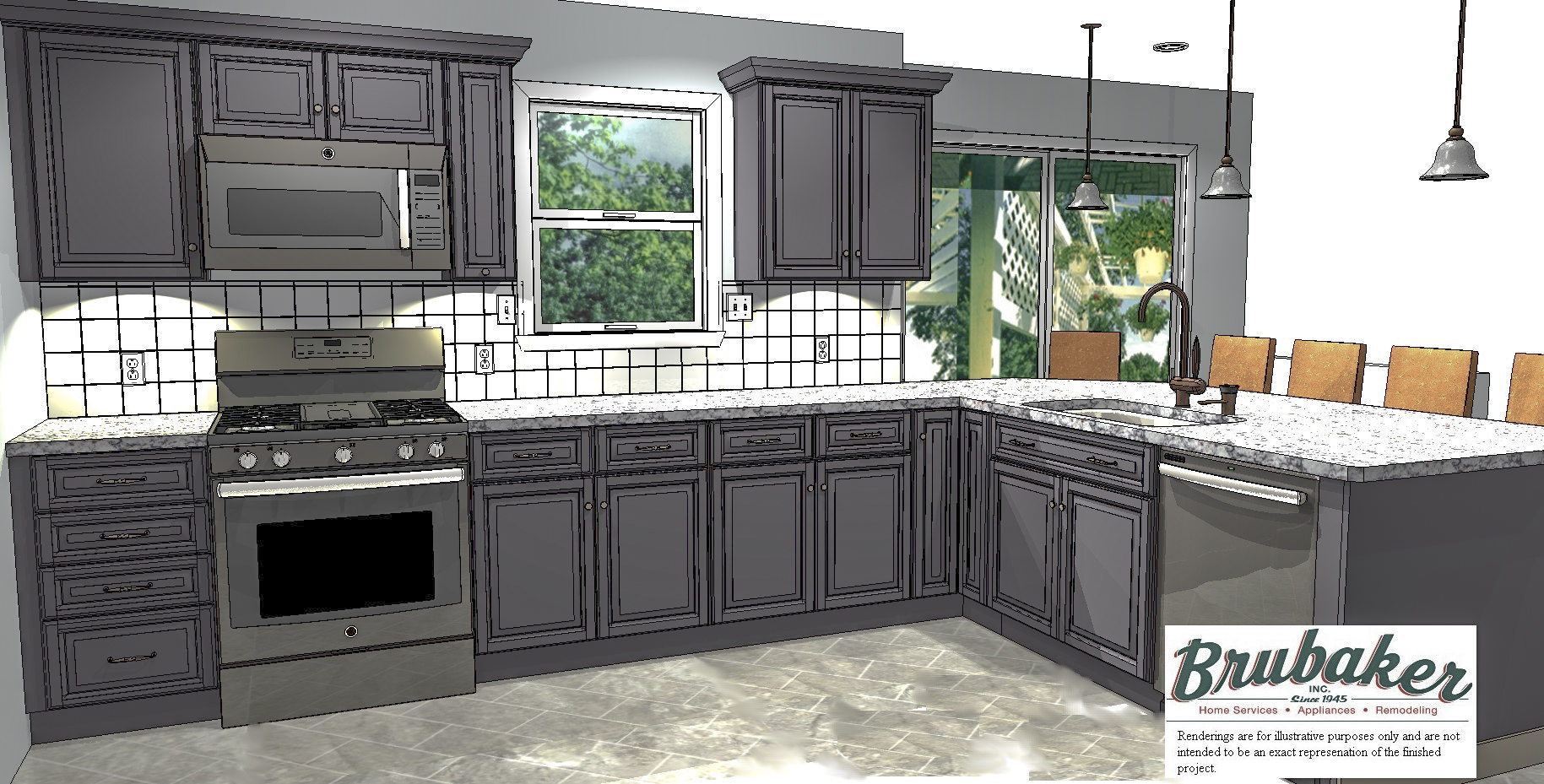 A 3D rendering of a kitchen.