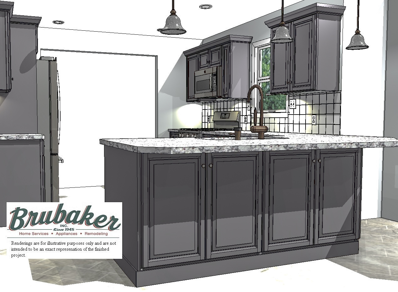 A 3D rendering of a kitchen.