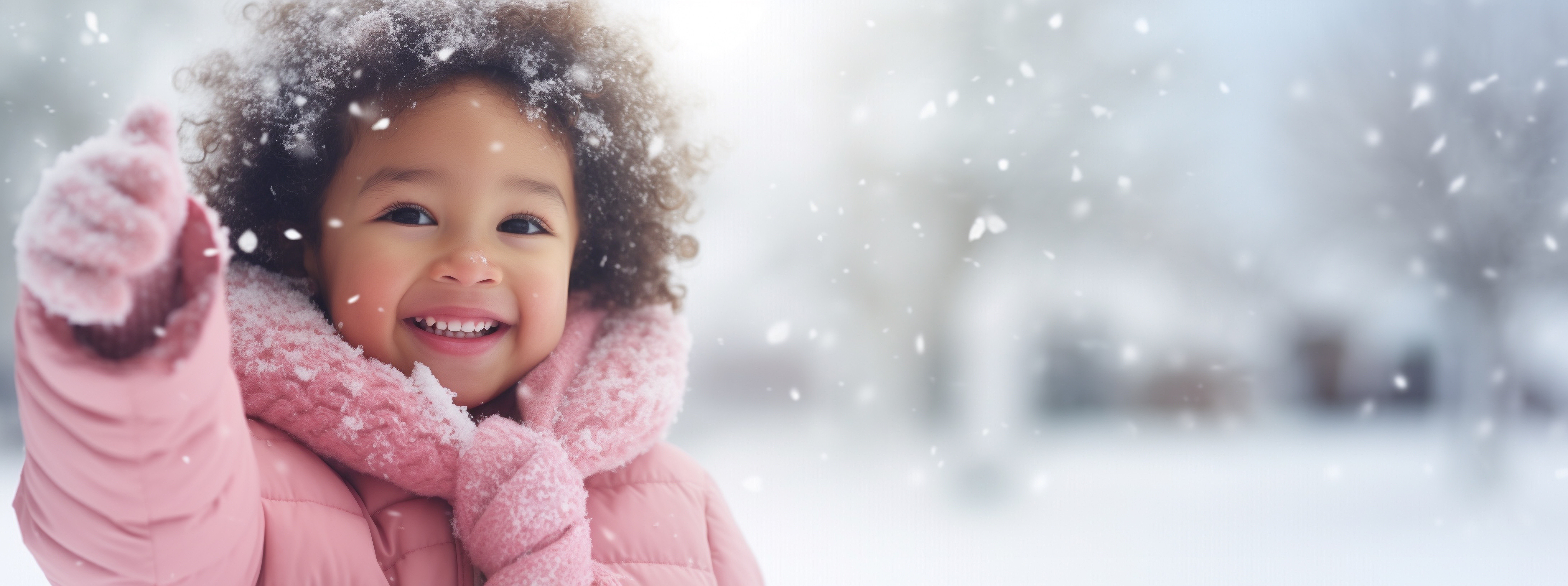 Super cute little girl wearing a pink snow suit surrounded by falling snowflakes and winter fun. 